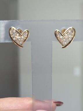 Gold Heart Stud Earrings with Clear Crystal Accents